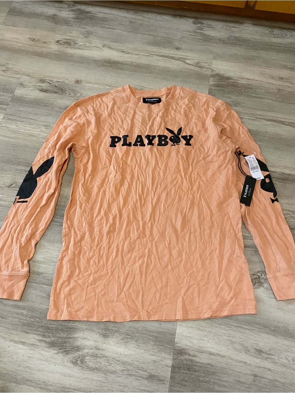PLAYBOY Pac Sun Peach Long Sleeve Logo Tee with Black Prints/ NWT